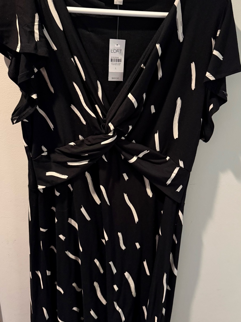 LOFT Black Dress with White Brushstroke Print and Twist Front